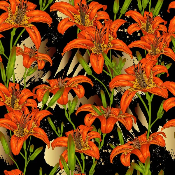 Seamless Vector Pattern Tiger Lily Flower Garden — Stock Vector