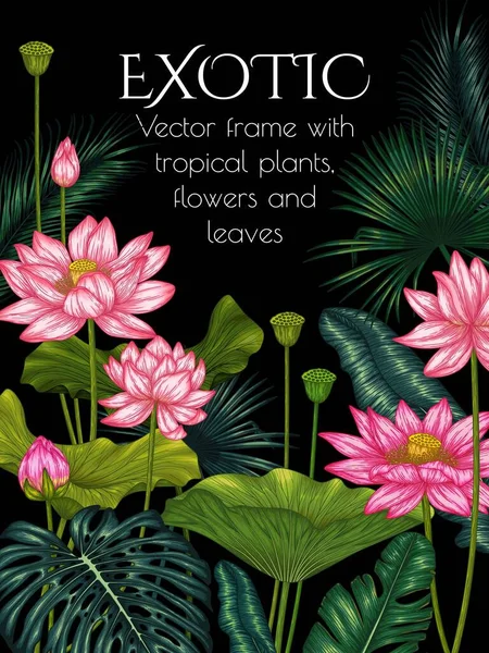 Moldura Vetorial Com Plantas Tropicais Gráfico Linear Colorido Flores Tropicais — Vetor de Stock