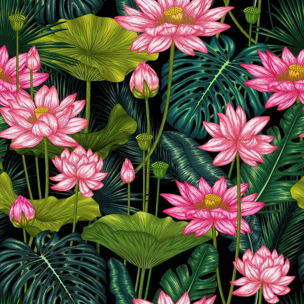 Бесшовный Векторный Рисунок Тропическими Растениями Graphic Linear Collored Tropical Flowers — стоковый вектор