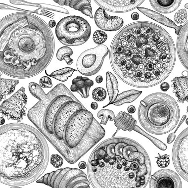  Oymacılık tarzında kusursuz vektör desenli kahvaltı. Pastırma ve yumurta, tava domates, krep, meyveli yulaf ezmesi, mısır gevreği, ekmek, sandviç, kruvasan, kahve, çatal bıçak.