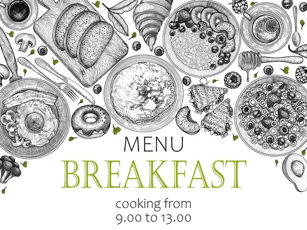 Vector Template Breakfast Menu Banner Engraving Style Bacon Eggs Pan — Stock Vector