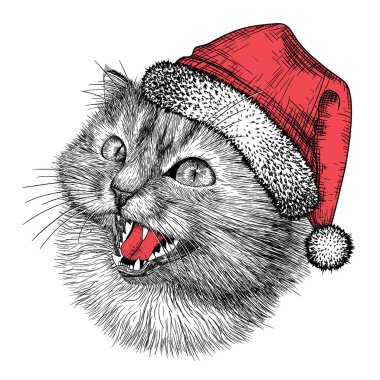  Noel Baba şapkalı bir kedinin kabartma tarzındaki vektör çizimi