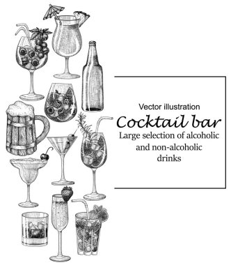  İşleme tarzında 11 bardak vektör seti. Grafik çizgisel aperol, mojito, çilek şampanyası, dut kokteyli, martini, buzlu viski, vişneli margarita, pina colada, ale, bira.