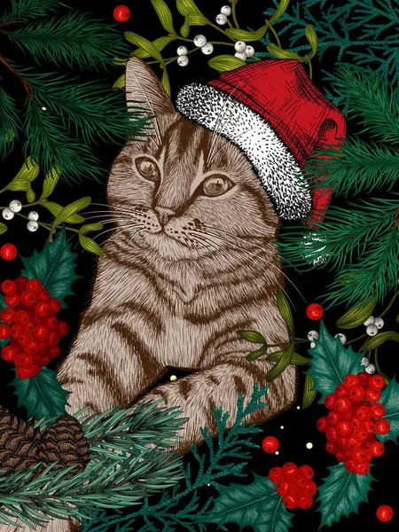 Vektor Illustration Einer Gestromten Katze Mit Weihnachtsmütze Umgeben Von Weihnachtspflanzen — Stockvektor