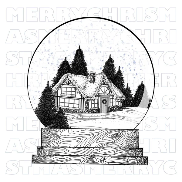 Vektorillustration Einer Weihnachtskarte Ball Mit Haus Und Weihnachtsbäumen Schnee — Stockvektor