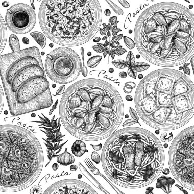  Kusursuz vektör makarnası. Somon ve brokoli ile Tagliatelle, karides ve kuşkonmaz ile farfalle, domatesli spagetti, fesleğen ve zeytin, midyeli fettucine, ravioli