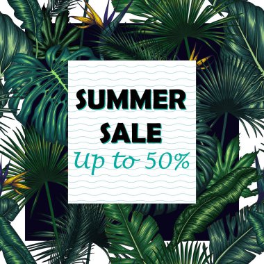  Tropik bitkilerle taşıyıcı çerçeve. Palmiye ve muz yaprakları, canavar, strelitzia, aralia, fil kulak yaprağı