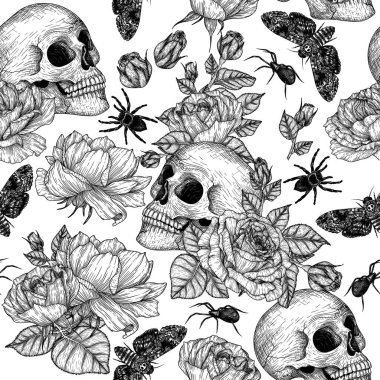  Seamless vector gothic pattern in engraving style. Graphic linear skull, roses, moth, spider