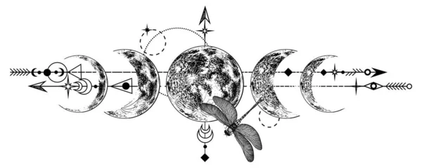 Vector Illustration Mystical Moon Phases Dragonfly — 图库矢量图片