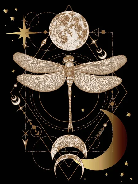  Vector mystical illustration of a dragonfly and phases of the moon on a geometric background