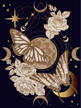  Vector mystical illustration of Monarch Butterfly and podalirius Butterfly surrounded by geometric shapes, moon, stars and rose flowers clipart