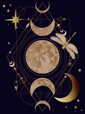 Vector illustration of mystical moon phases and dragonfly