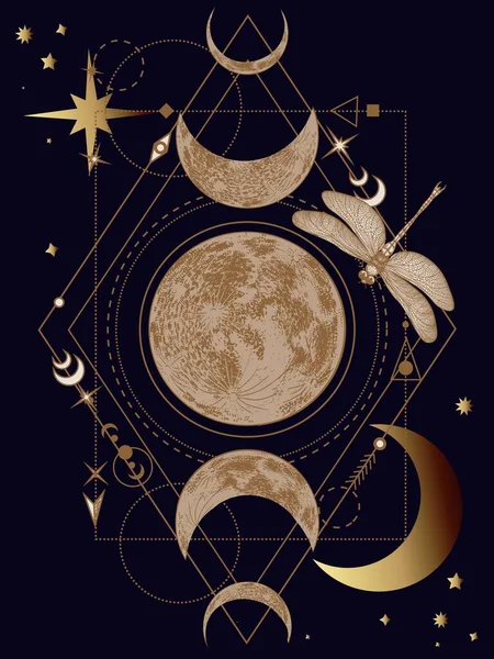 Vector illustration of mystical moon phases and dragonfly