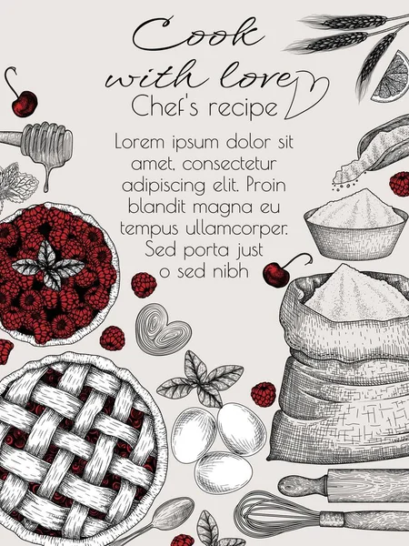 Vector Illustration Pie Recipe Graphic Linear Pie Cherries Raspberries Flour — Stock Vector