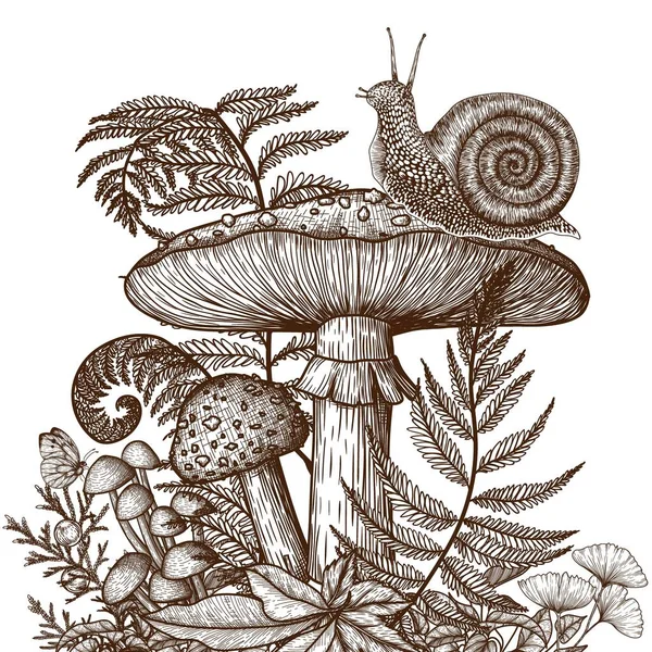 彫刻風の植物に囲まれたフライアガリとカタツムリのベクトルイラスト — ストックベクタ