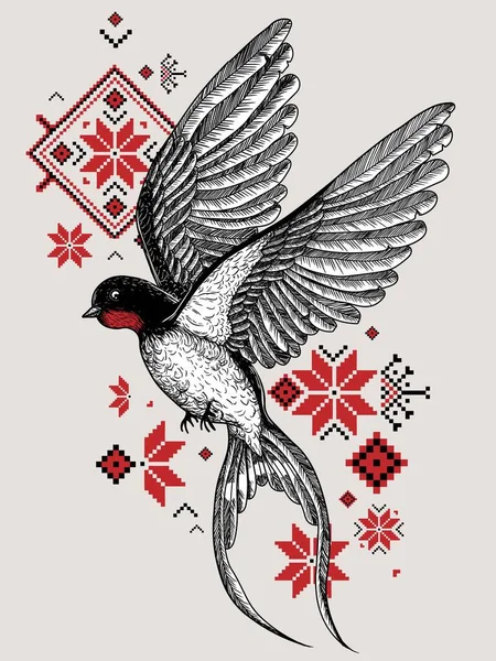 ウクライナの装飾を背景に飛行中のツバメの鳥のベクトルイラスト — ストックベクタ
