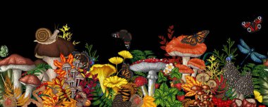  Mantarlar, bitkiler, böcekler ve böğürtlenlerle kusursuz yatay desen. Sinek mantarı, mantar, ballı agarik, boletus, morel, russula, salyangoz, çilek, eğreltiotu, kelebek, yusufçuk, dağ külü.