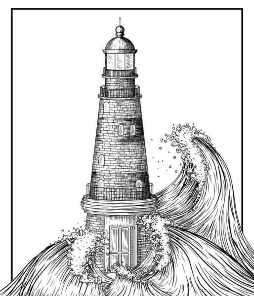 stock vector  Vector illustration of a brick lighthouse in a stormy sea in engraving style