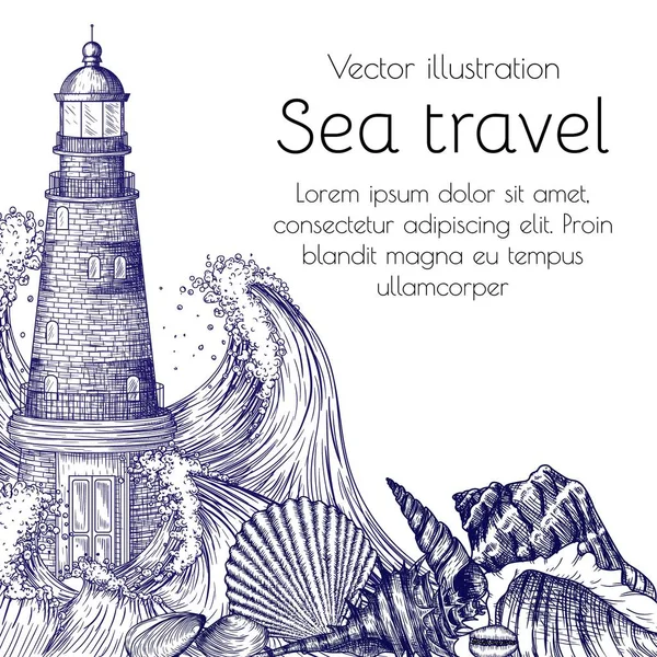 Illustration Vectorielle Phare Briques Dans Une Mer Orageuse Coquillages Style — Image vectorielle