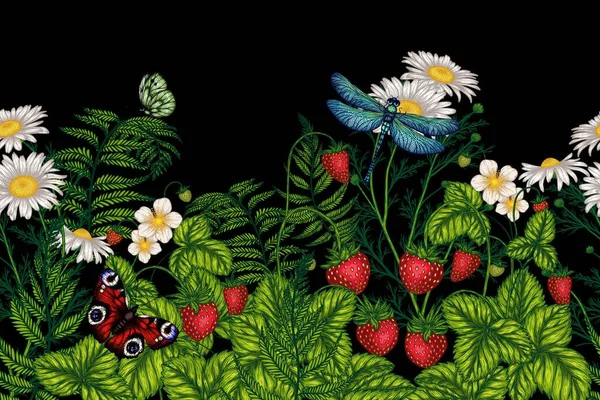 Απρόσκοπτη Οριζόντια Διανυσματική Μοτίβο Καλοκαιρινό Δάσος Φράουλα Χαμομήλι Φτέρη Πεταλούδα — Διανυσματικό Αρχείο