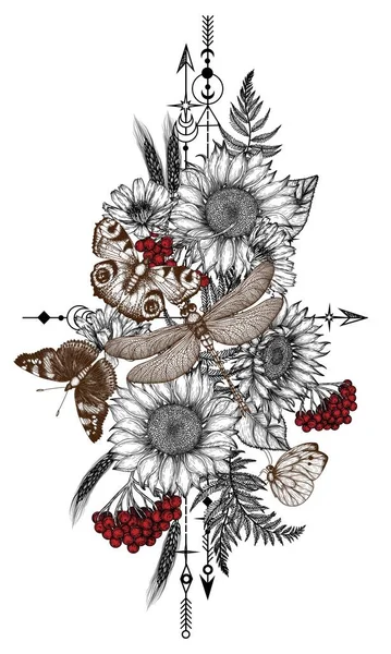 Векторная Иллюстрация Бабочек Растений Цветов Ягод Стиле Гравировки — стоковый вектор