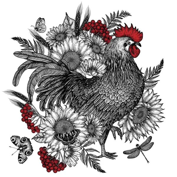 ひまわり カモミール チコリ ビブラムの花に囲まれた鶏のベクトルグラフィックリニアイラストの彫刻スタイル — ストックベクタ