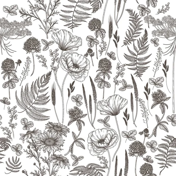彫刻スタイルでシームレスベクトルパターン野生の花 カモミール クローバー — ストックベクタ