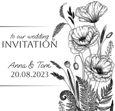  Bir buket grafik gelincik içeren vektör düğün davetiye şablonu