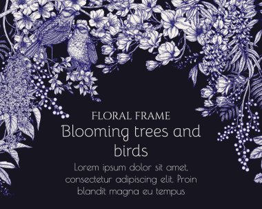  Kabartma tarzında vektör ilkbahar çizimi. Forsythia dalında iki bülbül ve çiçek açan ağaçlar. Magnolia, mimoza, kiraz çiçeği, leylak, morsalkım.