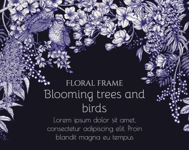  Vector spring illustration in engraving style. Two nightingales on a forsythia branch and flowering trees. Magnolia, mimosa, cherry blossom, lilac, wisteria clipart