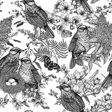  İşleme tarzında kusursuz yay deseni. Tılsımlı bir dalın üzerindeki yuvada iki bülbül ve çiçek açan ağaçlar. Magnolia, mimoza, kiraz çiçeği, leylak, morsalkım.