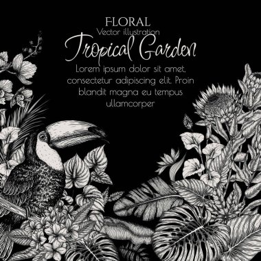  Tropikal bir bahçede oymalı bir Tukan kuşunun vektör çerçevesi. Anthurium, palmiye ve muz yaprakları, liviston, plumeria, zantedeschia, monstera, strelitzia