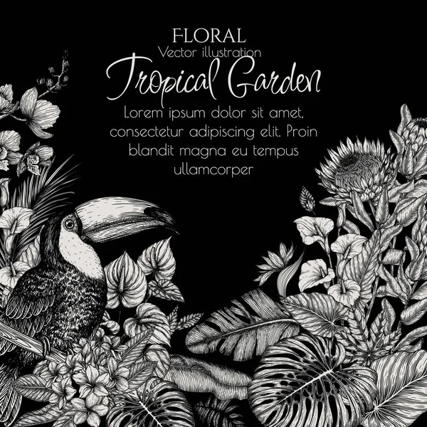 Tropikal Bir Bahçede Oymalı Bir Tukan Kuşunun Vektör Çerçevesi Anthurium — Stok Vektör