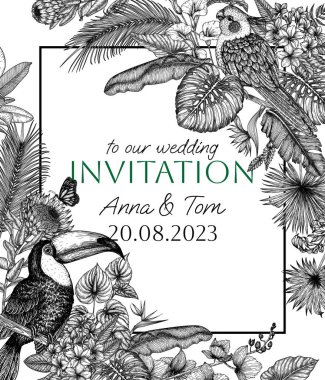  Tropik bir bahçede bir kuşun taşıyıcı çerçevesi. Tukan, corella papağanı, anthurium, palmiye ve muz yaprakları, liviston, plumeria, zantedeschia, monstera, strelitzia, orkide, ptorea, kelebekler.