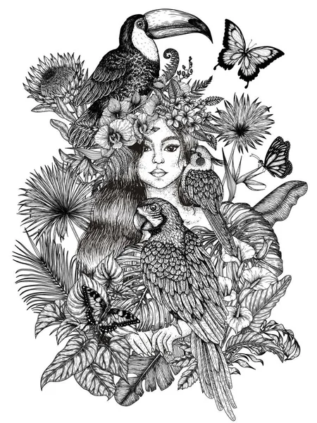Wektor Ilustracja Tropikalnej Dziewczyny Otoczony Egzotycznych Roślin Kwiatów Motyli Ptaków — Wektor stockowy