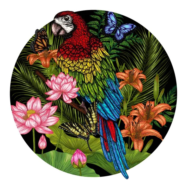 Illustrazione Vettoriale Uccello Pappagallo Ara Giardino Tropicale Foglie Palma Loto — Vettoriale Stock