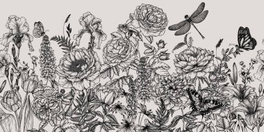  Kelebekleri ve yusufçukları olan yatay desensiz yaz bahçesi. Gül, zambak, lupin, lale, şakayık, menekşe, düğün çiçeği, süsen çiçeği