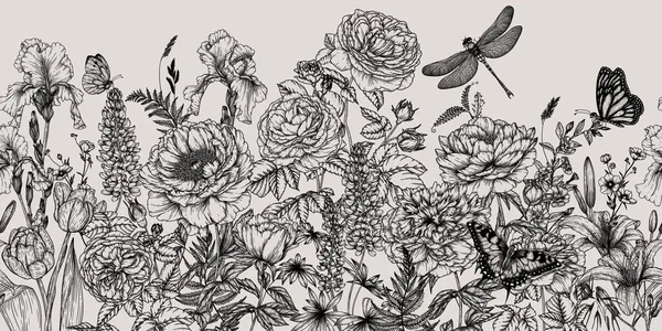 Poziomy Bezszwowy Wzór Letni Ogród Motyli Ważki Róża Lilia Łubin — Wektor stockowy