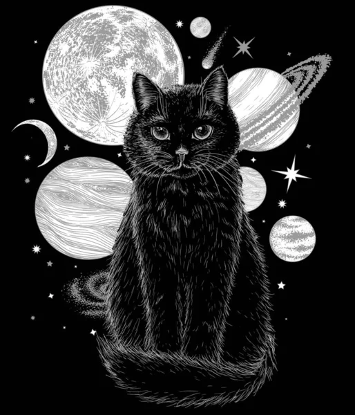 Vector Illustration Black Sitting Cat Engraving Style Background Space — Stock Vector