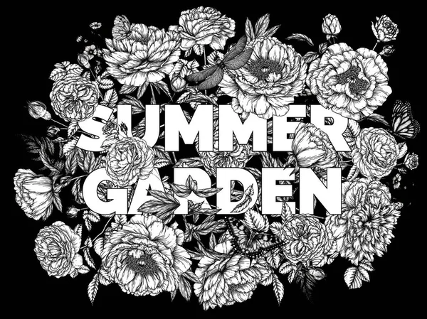 Vektor Illustration Eines Sommergartens Mit Rosen Und Pfingstrosenblüten Umgeben Von — Stockvektor