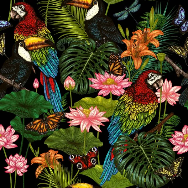 Płynny Wzór Wektorowy Tukan Papuga Tropikalnym Ogrodzie Motylami Stylu Grawerowania — Wektor stockowy