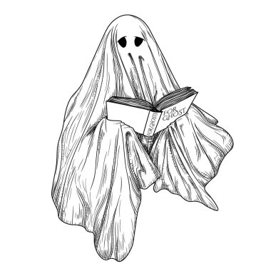  İşleme tarzında kitap okuyan bir hayaletin vektör illüstrasyonu