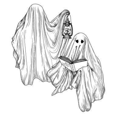  İki hayaletin vektör çizimi. Bir hayalet kitap okuyor, diğeri de kabartma şeklinde bir lamba tutuyor.