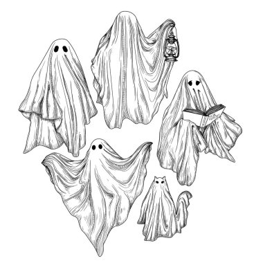  İşleme tarzında 5 farklı hayaletten oluşan bir vektör seti. Kitaplı hayalet, lambalı hayalet, hayalet kedi.