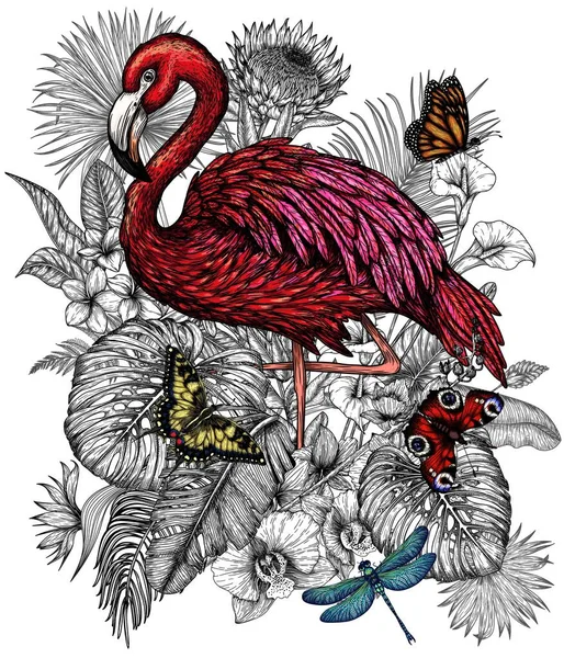 Wektorowa Ilustracja Ptaka Flaminga Tropikalnym Ogrodzie Motylami Grawerowanym Stylu Liście — Wektor stockowy