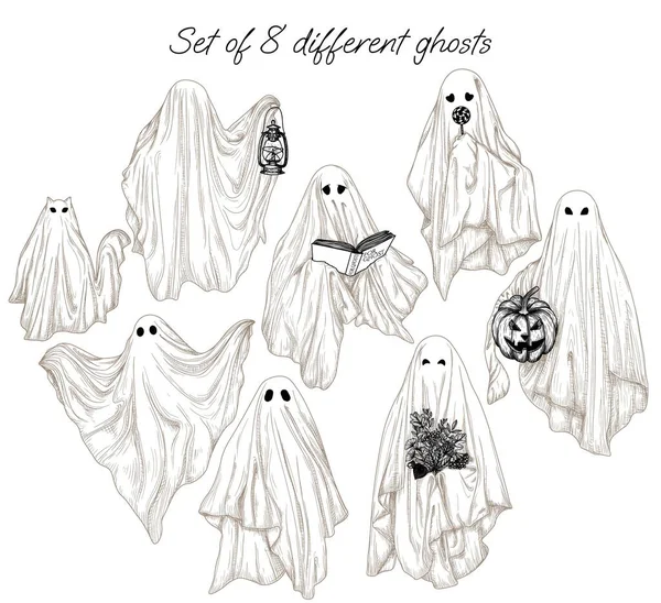 矢量集8个不同的鬼魂雕刻风格 有花束 有糖果 有南瓜 有鬼魂猫 — 图库矢量图片