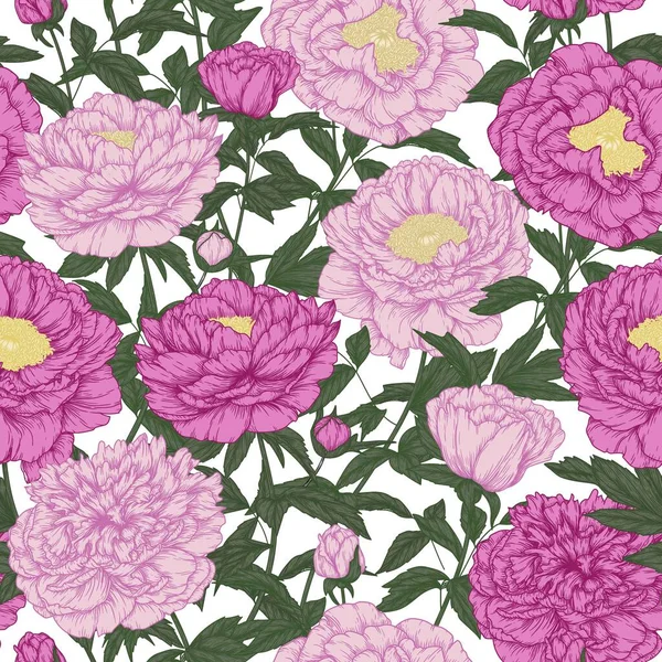 彫刻スタイルでピンク牡丹の花のシームレスベクトルパターンガーデン — ストックベクタ