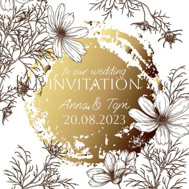  Kabartma tarzında bir kozmos çiçeği çalısı için vektör davet şablonu