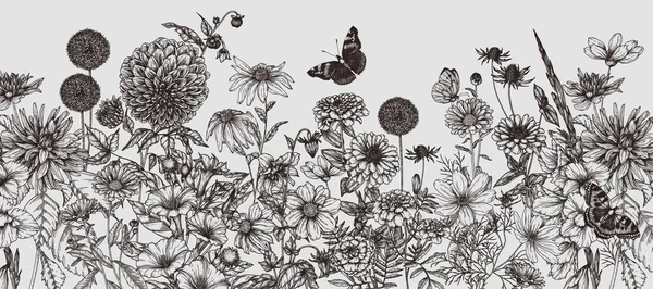 Seamless Horizontal Pattern Autumn Garden Dahlia Cosmos Zinnia Marigold Calendula — Stock Vector