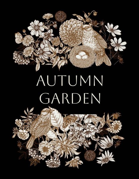  Векторная рамка осеннего леса с птицами в стиле гравировки. Илия, коспа, фея, маригольд, календула, рудбекия, гладиолус, датура, эрингия, окунь и опавшие листья, ягоды